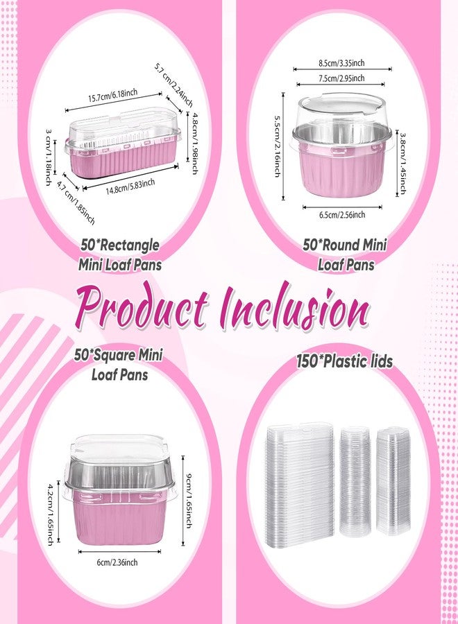 Rtteri 150 Pcs Mini Cake Pans with Lids Disposable Ramekins 6.8 oz 5 oz Aluminum Foil Cupcake Baking Cups, Rectangle Round Square Cupcake Liners Cake Tins for Flan Muffin Dessert Party Favors(Pink) - Image 2