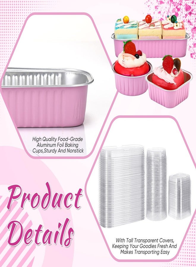 Rtteri 150 Pcs Mini Cake Pans with Lids Disposable Ramekins 6.8 oz 5 oz Aluminum Foil Cupcake Baking Cups, Rectangle Round Square Cupcake Liners Cake Tins for Flan Muffin Dessert Party Favors(Pink) - Image 4