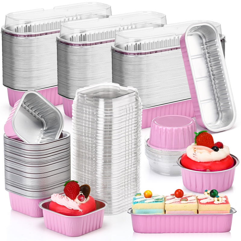Rtteri 150 Pcs Mini Cake Pans with Lids Disposable Ramekins 6.8 oz 5 oz Aluminum Foil Cupcake Baking Cups, Rectangle Round Square Cupcake Liners Cake Tins for Flan Muffin Dessert Party Favors(Pink) - Image 1