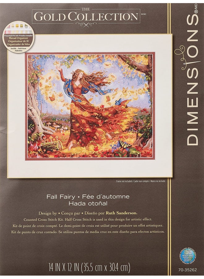 Dimensions - Dimensions Advanced Counted Cross Stitch Kit, Fall Fairy, 16 Count Dove Grey Aida, 14'' x 12'',Gold - Image 1