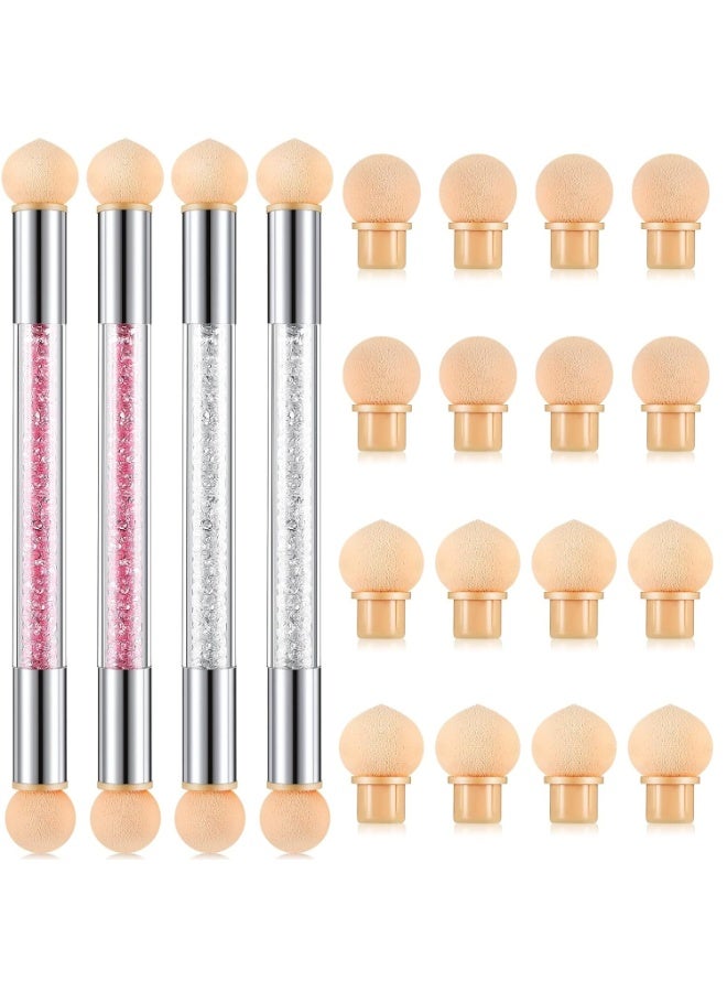 Nail Art Brushes, Double Head Sponge Nail Art Tool, Gradient Nail Brush, Rhinestone Handle Acrylic Nail Painting Brush, with 16 Pieces Replacement Head for Nail Art Manicure, 4 Pieces (Pink, White) - Image 1
