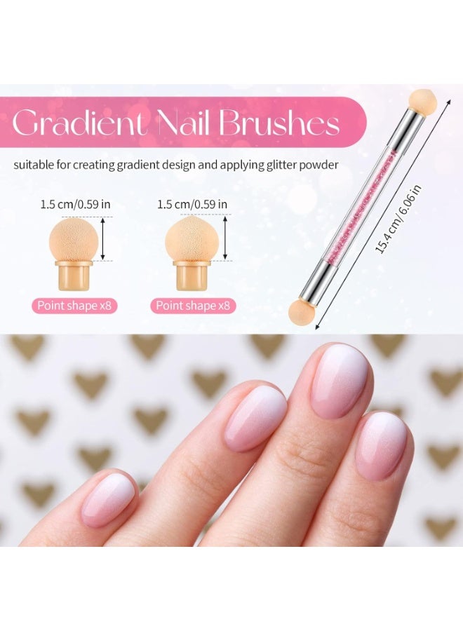 Nail Art Brushes, Double Head Sponge Nail Art Tool, Gradient Nail Brush, Rhinestone Handle Acrylic Nail Painting Brush, with 16 Pieces Replacement Head for Nail Art Manicure, 4 Pieces (Pink, White) - Image 2