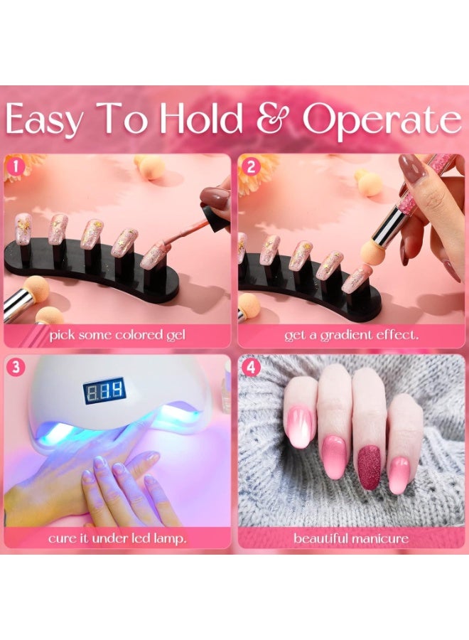 Nail Art Brushes, Double Head Sponge Nail Art Tool, Gradient Nail Brush, Rhinestone Handle Acrylic Nail Painting Brush, with 16 Pieces Replacement Head for Nail Art Manicure, 4 Pieces (Pink, White) - Image 5