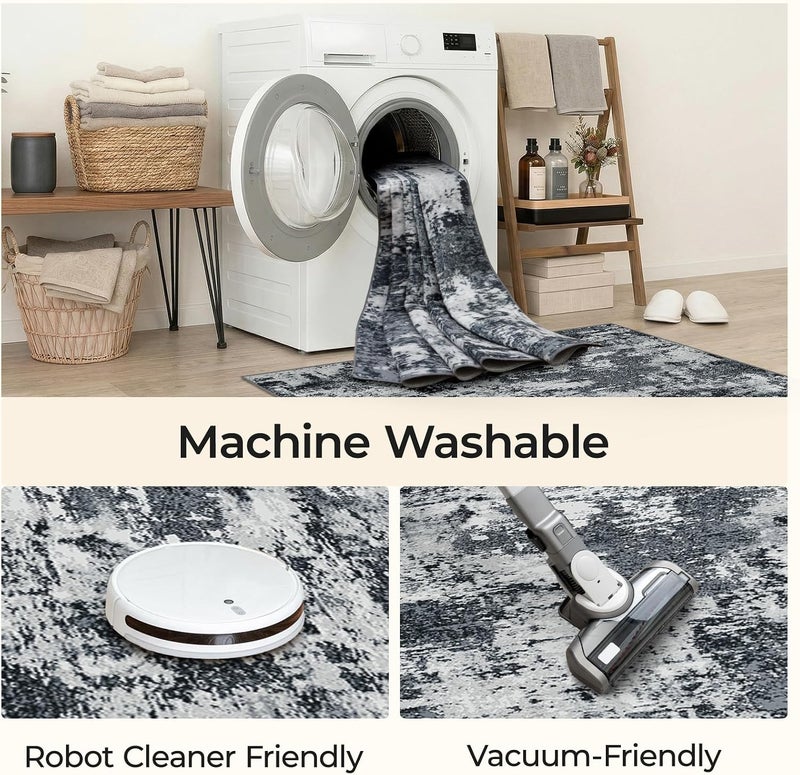 INOVADAY Rugs for Living Room, Machine Washable Rug 150 * 210cm Modern Abstract Polyester Carpet, Soft Short Pile, Non-Slip Large Rugs for Bedroom & Dining Room, Black - Image 4