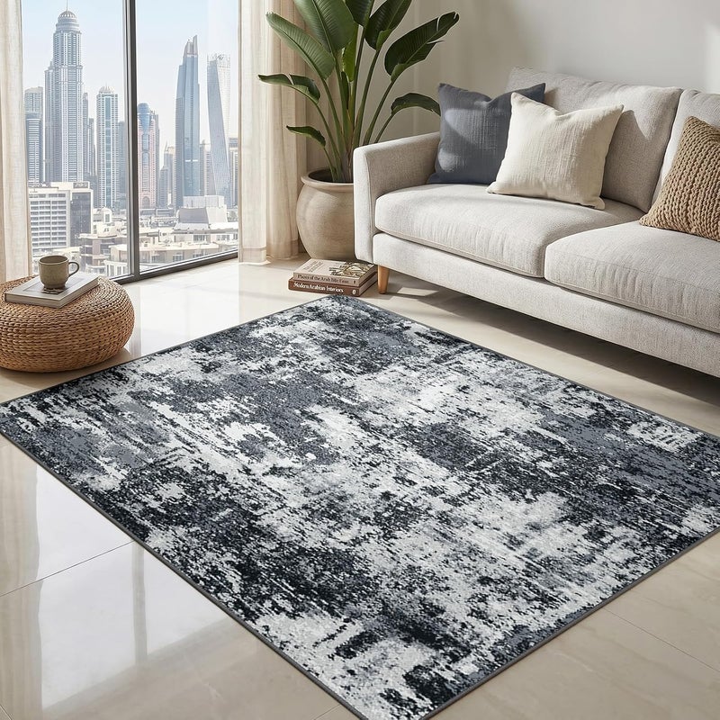 INOVADAY Rugs for Living Room, Machine Washable Rug 150 * 210cm Modern Abstract Polyester Carpet, Soft Short Pile, Non-Slip Large Rugs for Bedroom & Dining Room, Black - Image 1