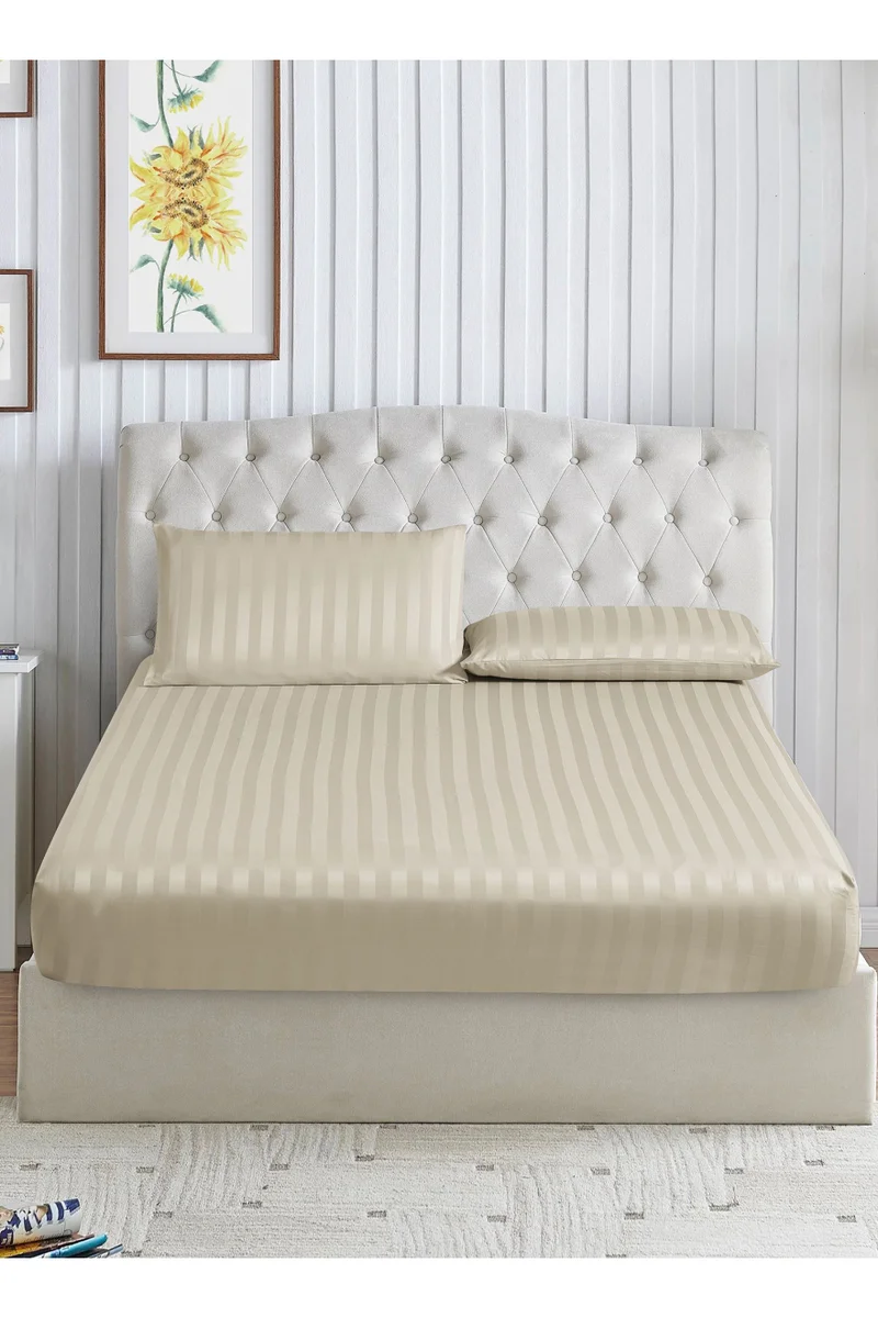 Donetella 3-Piece Striped Bedding Set – King Fitted Sheet 180x200+35 cm with All-Around Elastic &amp; 2 Matching Pillowcases