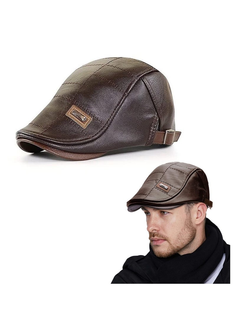 KASTWAVE Men's Berets, PU Leather Flat Cap Vintage Beret Simple and Adjustable Newsboy Cap Duckbill Ivy Irish Flat Hat(Dark Brown) - Image 1