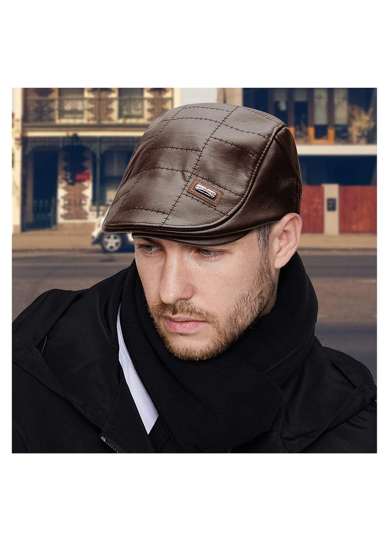 KASTWAVE Men's Berets, PU Leather Flat Cap Vintage Beret Simple and Adjustable Newsboy Cap Duckbill Ivy Irish Flat Hat(Dark Brown) - Image 3