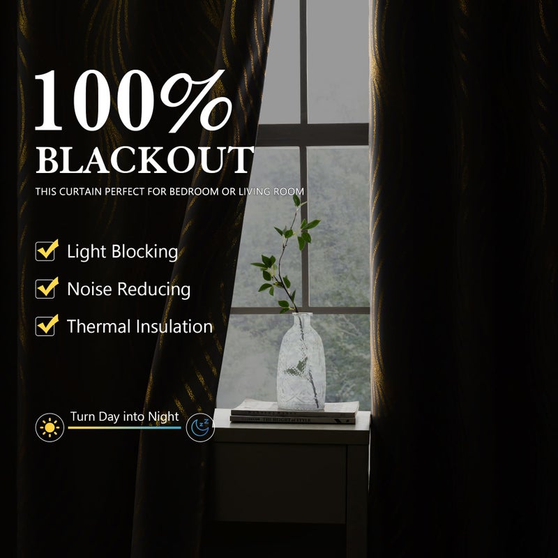 Xwincel 100% Blackout Curtains for Bedroom, Grey Gold Wave Line Dot Patterned Curtains 63 Inch Length, Metallic Gold Drapes Living Room Darkening Thermal Insulated Grommet Window Curtains 2 Panels - Image 3