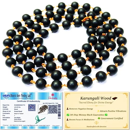 SRM's Divinely Divinely 100% Natural Karungali Malai Original 6mm | Certified Copper Thread Karungali Mala 54+1 Beads | Black Ebony Wood Necklace for Japa, Meditation & Spiritual Balance | Free Yoga eBook & 30-Day Warranty - Image 1