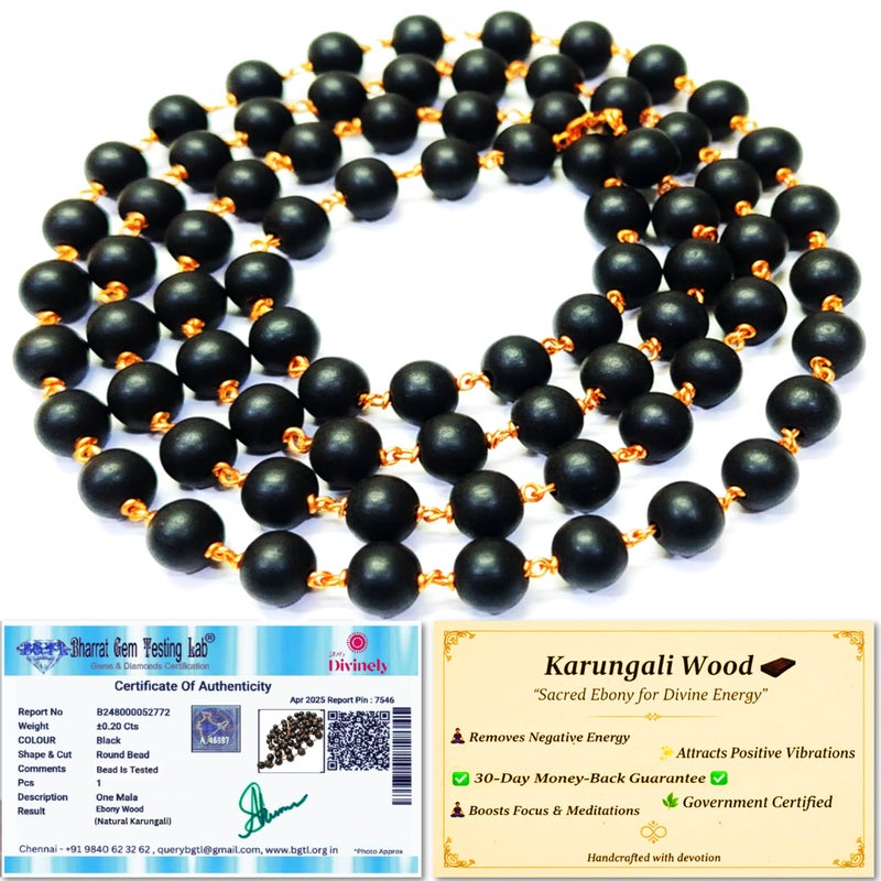 SRM's Divinely Divinely 100% Natural Karungali Malai Original 6mm | Certified Copper Thread Karungali Mala 54+1 Beads | Black Ebony Wood Necklace for Japa, Meditation & Spiritual Balance | Free Yoga eBook & 30-Day Warranty - Image 3