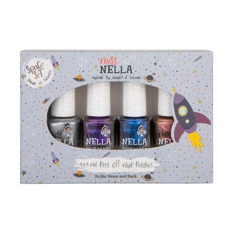 MISS NELLA SPACE COLLECTION Metallic Nail Polish for kids, set of 4 varnishes: silver, bronze, purple & blue, Peel- Off varnish for toddlers