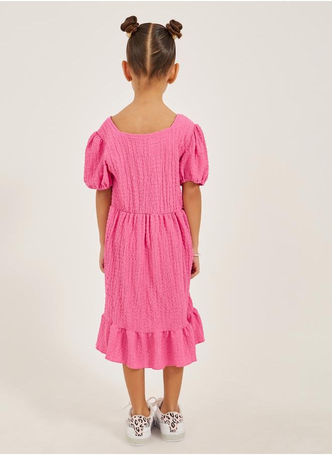 Styli - Textured Knit Puff Sleeve Ruffled Hem Dress - Image 1