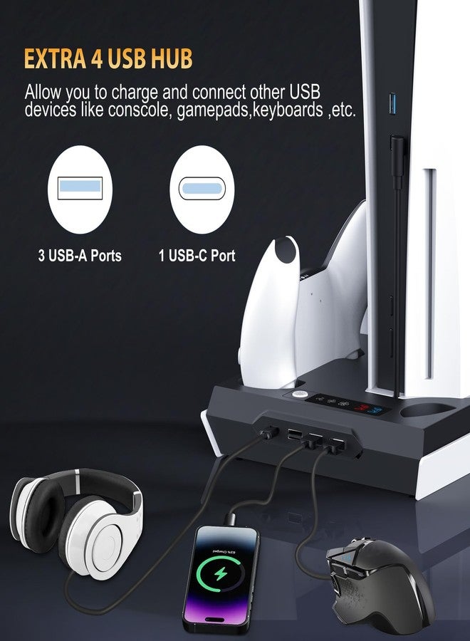 fivtek PS5 / PS5 Slim Cooling Station with Dual Controller Charging Station, PS 5 Cooling Stand for PlayStation 5 Console, Headset Holder/ PS 5 Cooling Fan/4 USB Hub All in One Accessories Organizer, Black - Image 5