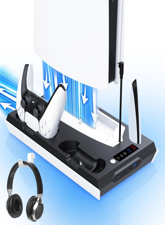 fivtek PS5 / PS5 Slim Cooling Station with Dual Controller Charging Station, PS 5 Cooling Stand for PlayStation 5 Console, Headset Holder/ PS 5 Cooling Fan/4 USB Hub All in One Accessories Organizer, Black - Image 1