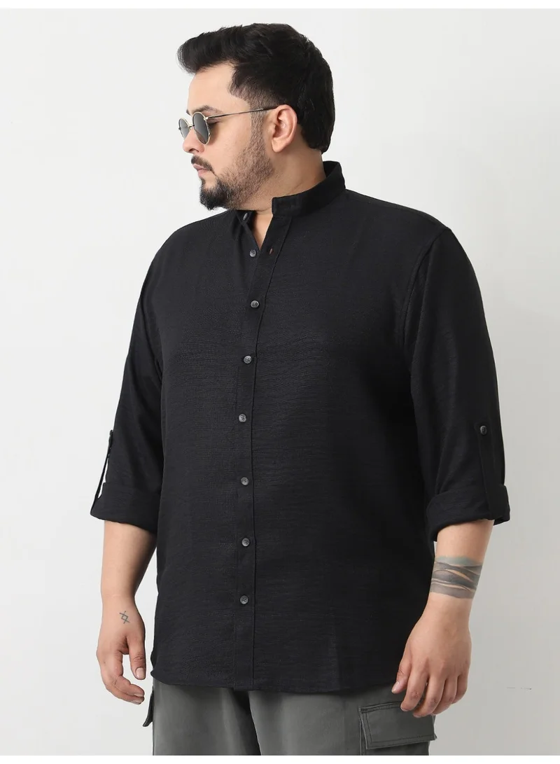 Urbano Fashion  Urbano Plus Men's Black Linen Blend Full Sleeve Relaxed Fit Mandarin Collar Casual Solid Shirt  | Best Price UAE