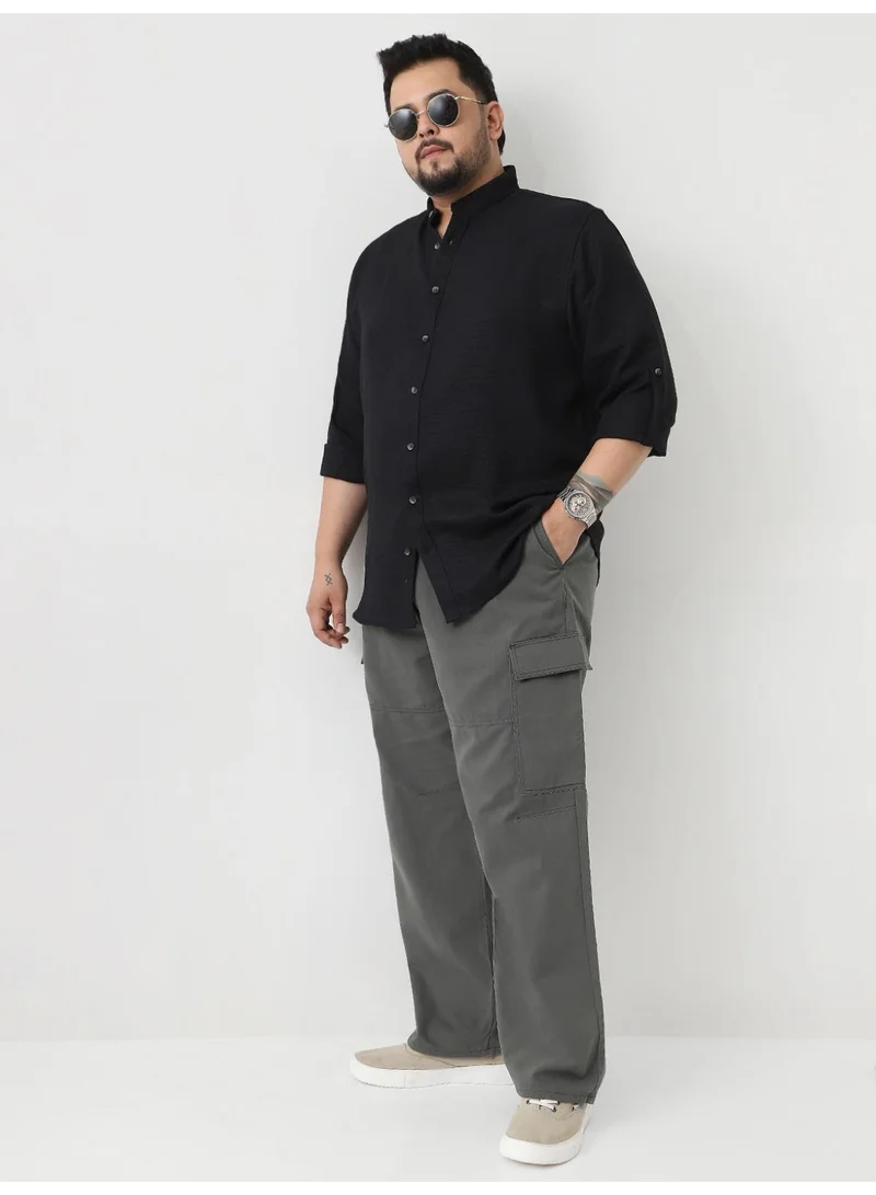 Urbano Fashion  Urbano Plus Men's Black Linen Blend Full Sleeve Relaxed Fit Mandarin Collar Casual Solid Shirt  | Best Price UAE