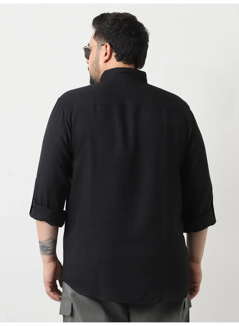Urbano Fashion  Urbano Plus Men's Black Linen Blend Full Sleeve Relaxed Fit Mandarin Collar Casual Solid Shirt  | Best Price UAE