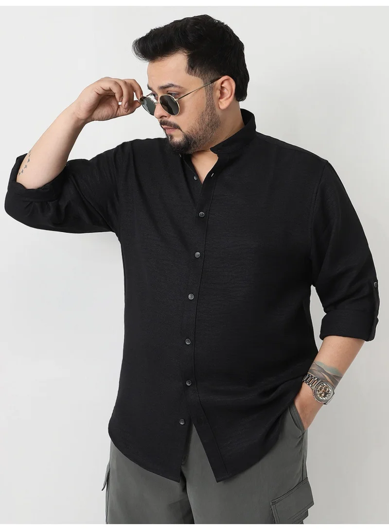 Urbano Plus Men's Black Linen Blend Full Sleeve Relaxed Fit Mandarin Collar Casual Solid Shirt