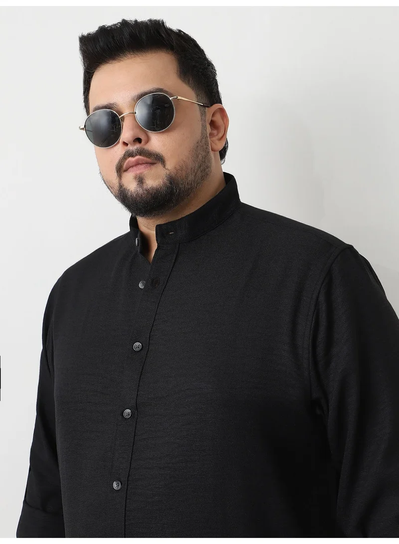Urbano Fashion  Urbano Plus Men's Black Linen Blend Full Sleeve Relaxed Fit Mandarin Collar Casual Solid Shirt  | Best Price UAE