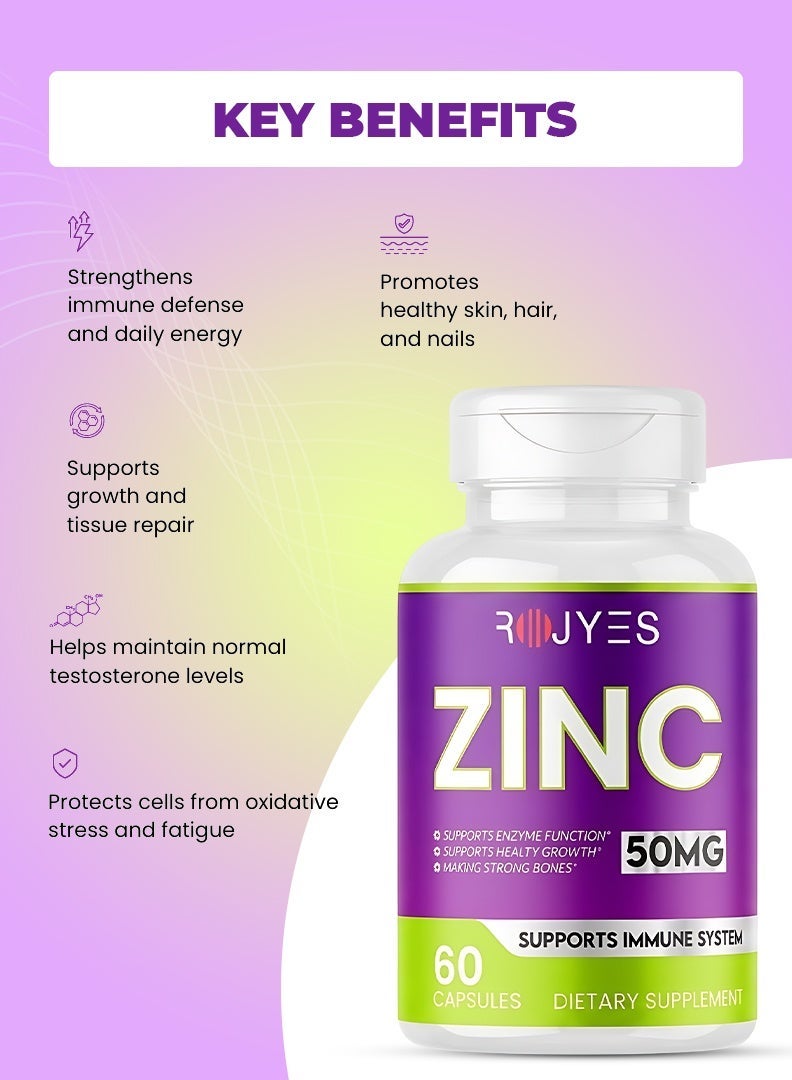 ROJYES Zinc 50mg Supplement for Men & Women, Immune Booster for Skin Hair Nails, Supports Testosterone Energy & Metabolism, Zinc Mineral Supplement for Healthy Lifestyle, 60 Capsules - Image 3