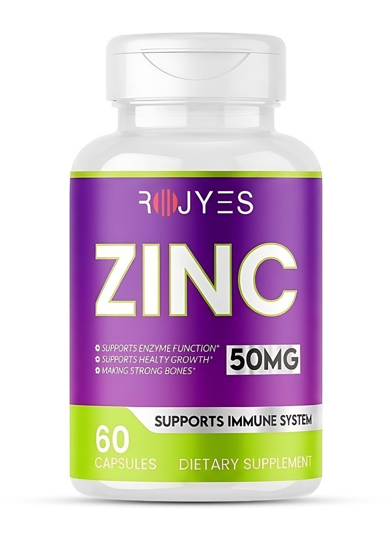 ROJYES Zinc 50mg Supplement for Men & Women, Immune Booster for Skin Hair Nails, Supports Testosterone Energy & Metabolism, Zinc Mineral Supplement for Healthy Lifestyle, 60 Capsules