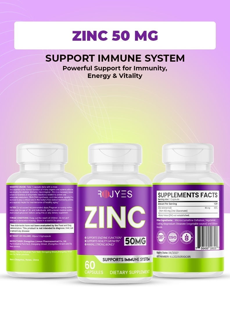 ROJYES Zinc 50mg Supplement for Men & Women, Immune Booster for Skin Hair Nails, Supports Testosterone Energy & Metabolism, Zinc Mineral Supplement for Healthy Lifestyle, 60 Capsules - Image 2