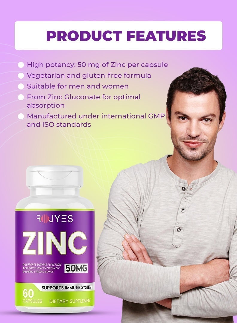 ROJYES Zinc 50mg Supplement for Men & Women, Immune Booster for Skin Hair Nails, Supports Testosterone Energy & Metabolism, Zinc Mineral Supplement for Healthy Lifestyle, 60 Capsules - Image 5