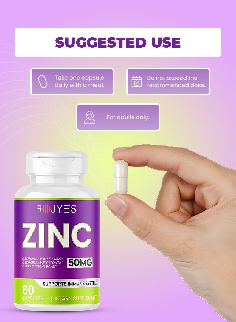 ROJYES Zinc 50mg Supplement for Men & Women, Immune Booster for Skin Hair Nails, Supports Testosterone Energy & Metabolism, Zinc Mineral Supplement for Healthy Lifestyle, 60 Capsules - Image 4