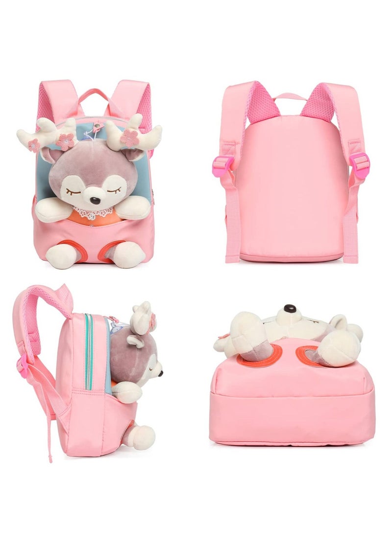 NIBEMINENT Little Doll Stuffed Animal kids Plush Backpack, Lovely Toddler Cartoon Preschool Purse for Kids, Suitable 2-6 Years Girl Boy (Pink)  - Image 3
