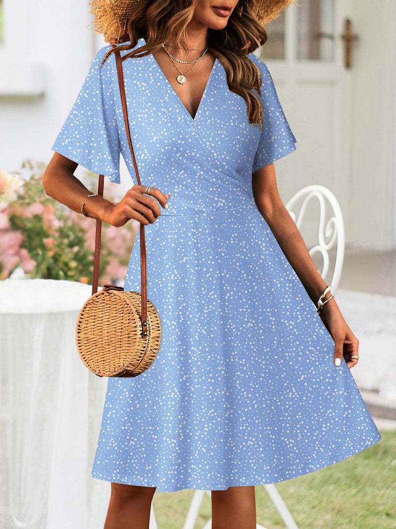 FENSACE Polka Dot Dress Summer Cute Short Sleeve Blue Baby Shower Flowy Dresses for Women(Blue White Polka Dot-101,Large) - Image 3