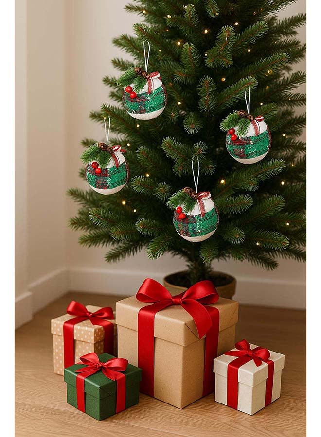 3pc Christmas Baubles Tree Hanging Ornaments – Green & Red Plaid Decorative Balls with Pine and Berry Accents - Image 2