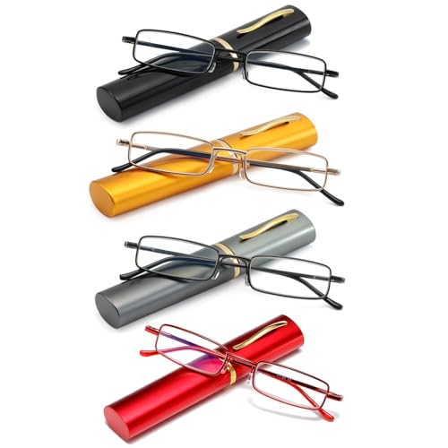 OWTXIS Slim Pen Reading Glasses for Men Women, Blue Light Blocking 4 Pack Small Tube Reader Glasses with Portable Clip Case, +1.00 - Image 1