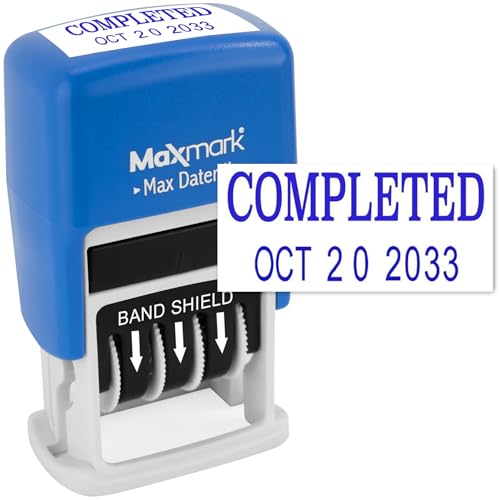 MaxMark SelfInking Rubber Date Office Stamp with Completed Phrase  Date  Blue Ink Max Dater II 12Year Band