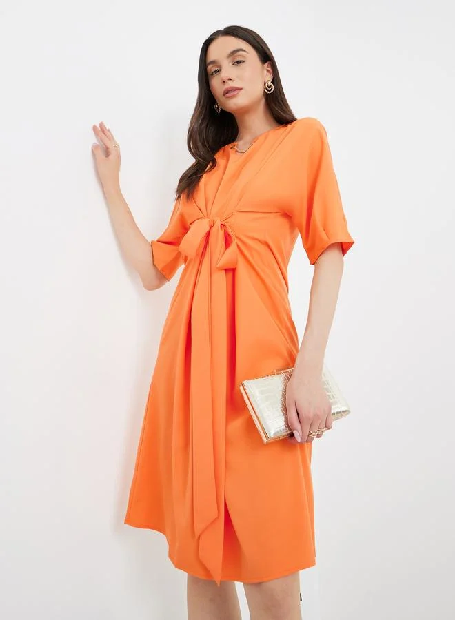 Take Two Take Two Orange Tie-Up Front Knee Length Dress