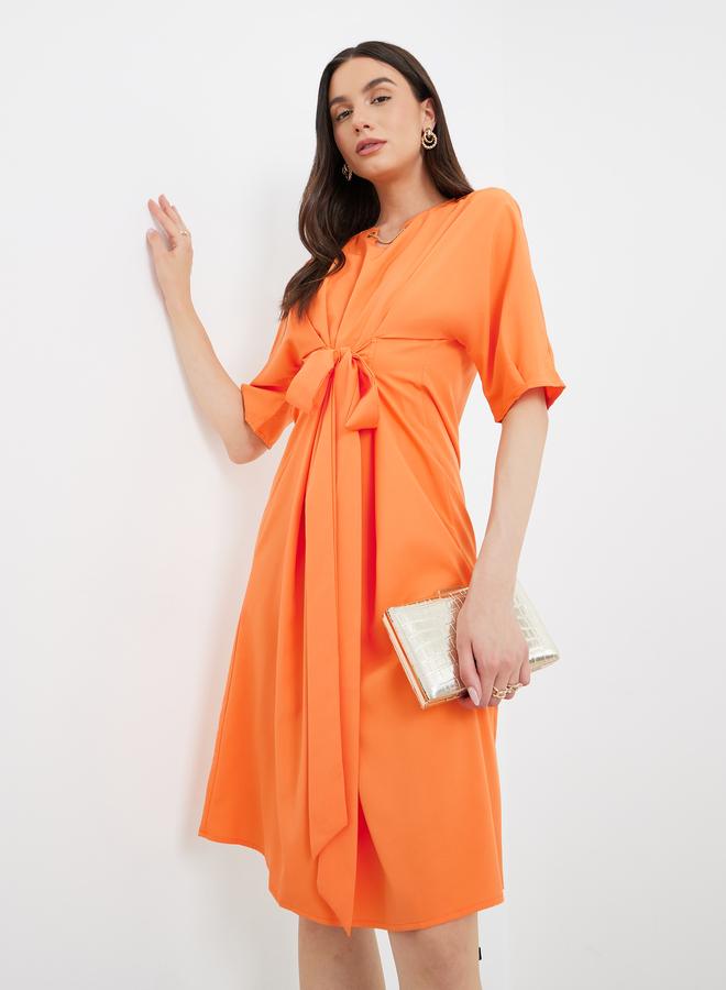 Take Two Orange Tie-Up Front Knee Length Dress - Image 1
