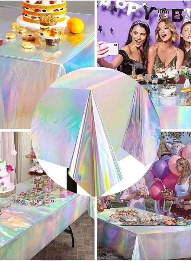 OMEVE 2pcs Vibrant Laser Rainbow Theme Party Tablecloth - Waterproof Aluminum Film, Disposable, Easy-to-Clean, Birthday and Wedding Party Decoration Supplies - Image 3