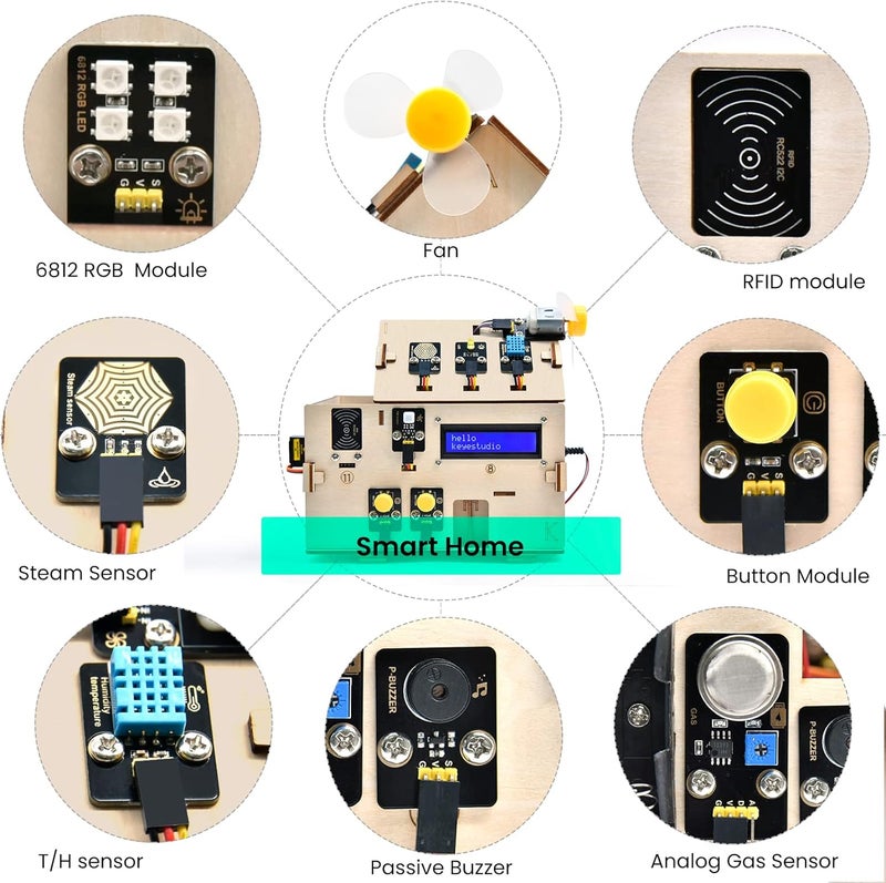 كي إستديو مجموعة ESP32 للمنزل الذكي للمبتدئين لأردوينو وبايثون، برمجة أتمتة المنزل الإلكترونية، مجموعة مستشعرات منزل خشبي DIY، مجموعة تعليمية STEM للبالغين والمراهقين من 14 سنة فما فوق - Image 3