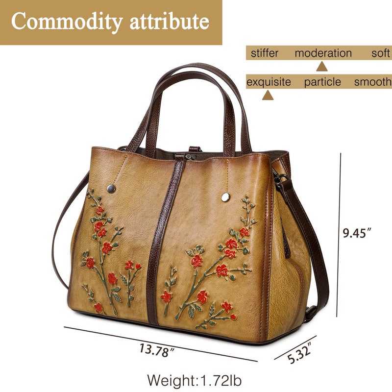 SHARPAD Genuine Leather Satchel for Women Top Handle Bags Handmade Purse Vintage Embossed Leather Crossbody Handbags Hobo Bag (Yellow-2) - Image 2
