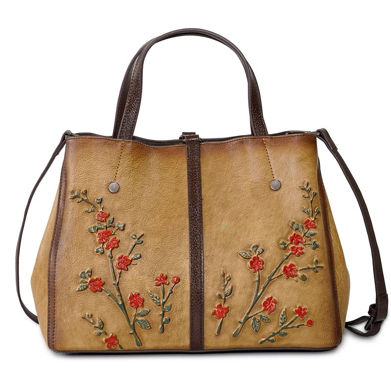 SHARPAD Genuine Leather Satchel for Women Top Handle Bags Handmade Purse Vintage Embossed Leather Crossbody Handbags Hobo Bag (Yellow-2) - Image 1