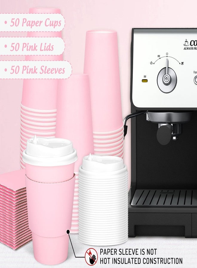 JarThenaAMCS 50 Set 16Oz Pink Disposable Coffee Cups with Lids and Sleeves Light Pink Insulated Paper To Go Cups for Birthday Home Restaurant Travel Party Supplies - Image 3
