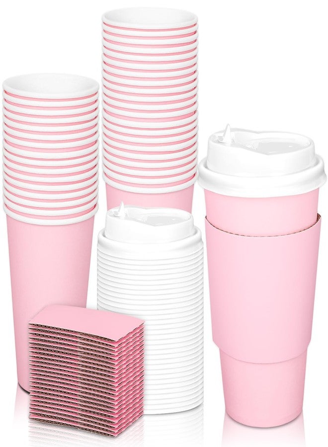 JarThenaAMCS 50 Set 16Oz Pink Disposable Coffee Cups with Lids and Sleeves Light Pink Insulated Paper To Go Cups for Birthday Home Restaurant Travel Party Supplies - Image 1