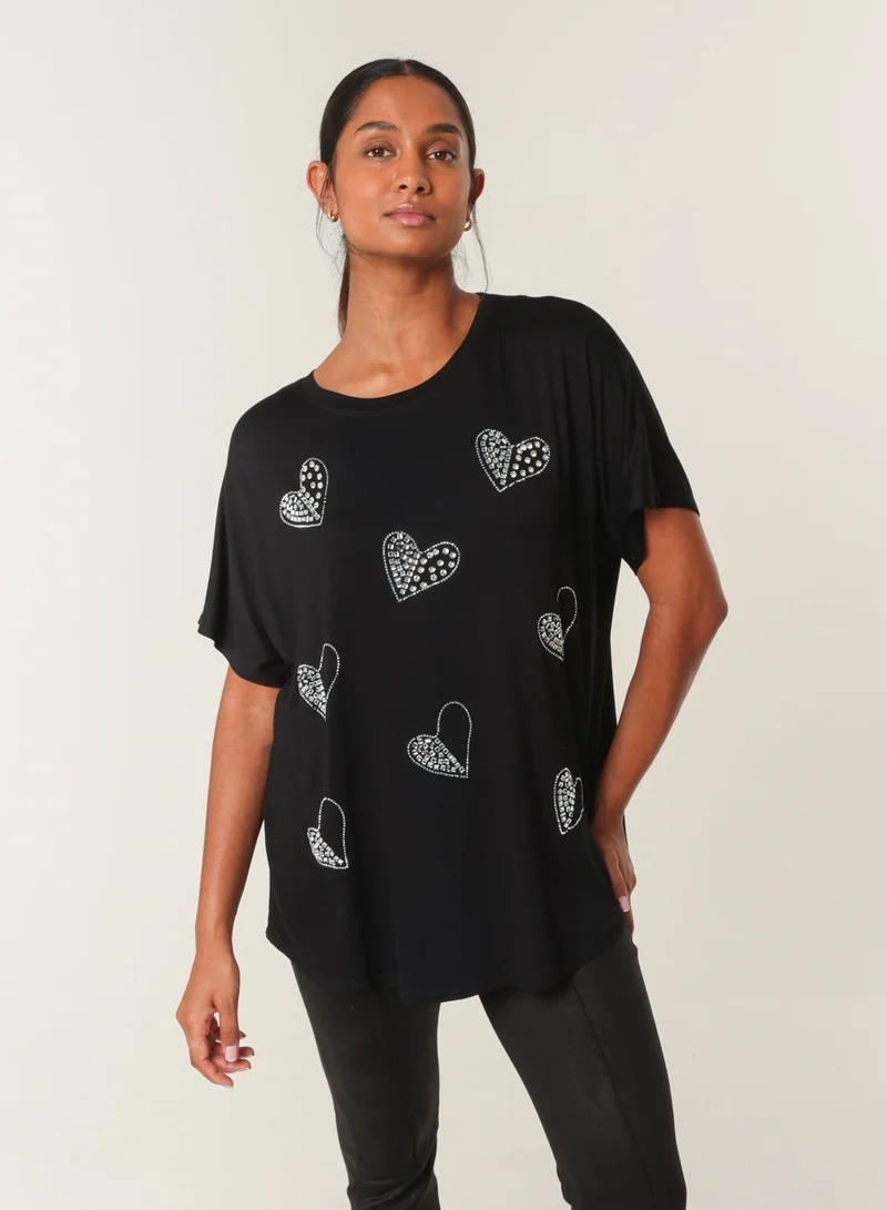 Blue Vanilla Round Neck Diamante Heart Detailing T-Shirt