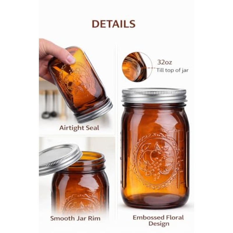 32oz Amber Glas Mason Jars 6 Pack with Silver Lids Large Wide Moth Food Storage Containers for Pasta, Dry Fruits, Nuts, Spices, Meal Prep and Kitchen Organization - Image 3