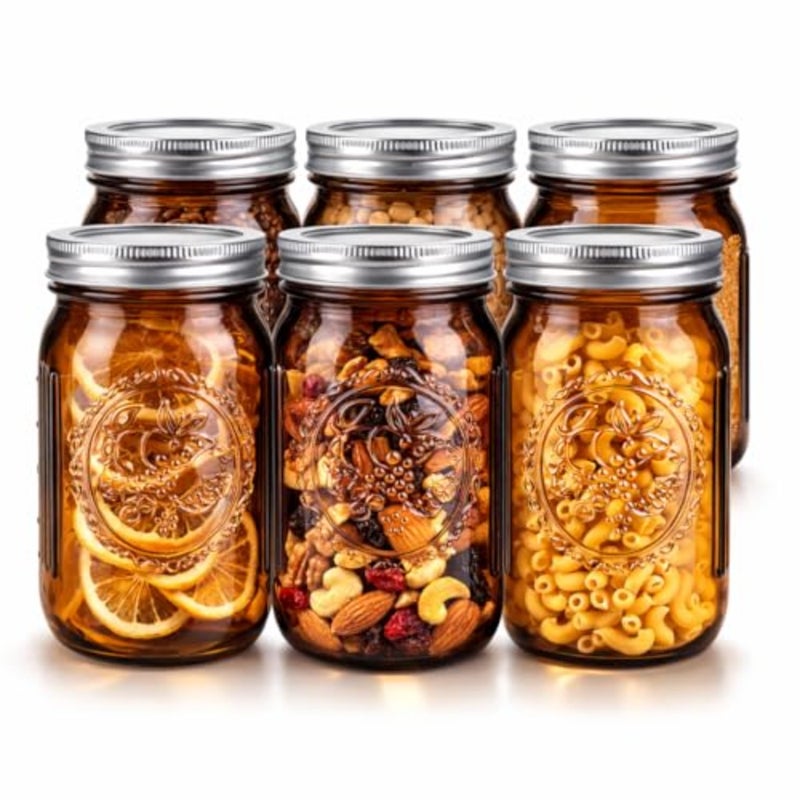 32oz Amber Glas Mason Jars 6 Pack with Silver Lids Large Wide Moth Food Storage Containers for Pasta, Dry Fruits, Nuts, Spices, Meal Prep and Kitchen Organization - Image 1