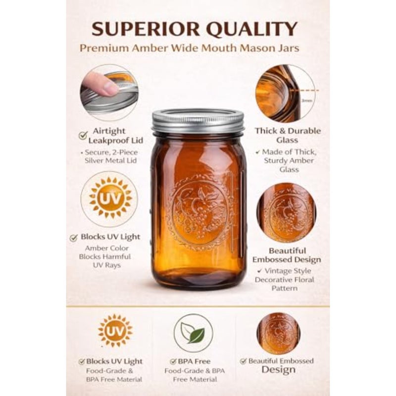 32oz Amber Glas Mason Jars 6 Pack with Silver Lids Large Wide Moth Food Storage Containers for Pasta, Dry Fruits, Nuts, Spices, Meal Prep and Kitchen Organization - Image 4
