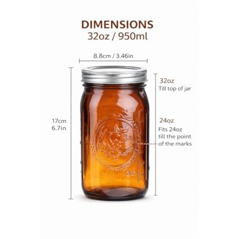 32oz Amber Glas Mason Jars 6 Pack with Silver Lids Large Wide Moth Food Storage Containers for Pasta, Dry Fruits, Nuts, Spices, Meal Prep and Kitchen Organization - Image 2