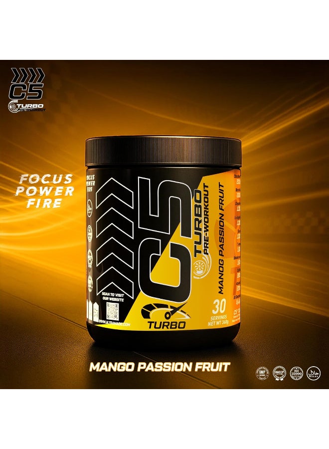 C5 TURBO Pre-Workout Powder – High-Performance Pump & Focus Formula with Citrulline Malate, Beta Alanine, L-Arginine AKG, Taurine & B-Vitamins – 30 Servings - 360g, (Mango Passion Fruit falvour) - Image 2