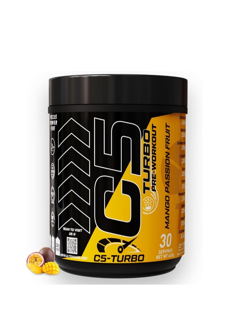 C5 TURBO Pre-Workout Powder – High-Performance Pump & Focus Formula with Citrulline Malate, Beta Alanine, L-Arginine AKG, Taurine & B-Vitamins – 30 Servings - 360g, (Mango Passion Fruit falvour) - Image 1