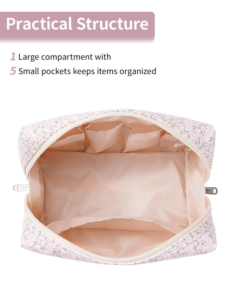 Narwey Cute Floral Makeup Bag Travel Cosmetic Bag Organizer Toiletry Bag Make Up Bags with Compartments for Women Girls (Pink Flower Buds, Large) - Image 3